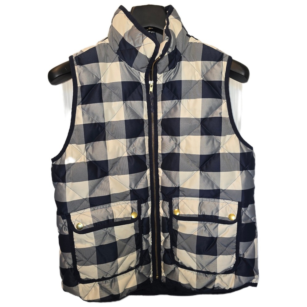 J.Crew Excursion Quilted Vest Navy Cream Buffalo Plaid Check Zip Front Womens M